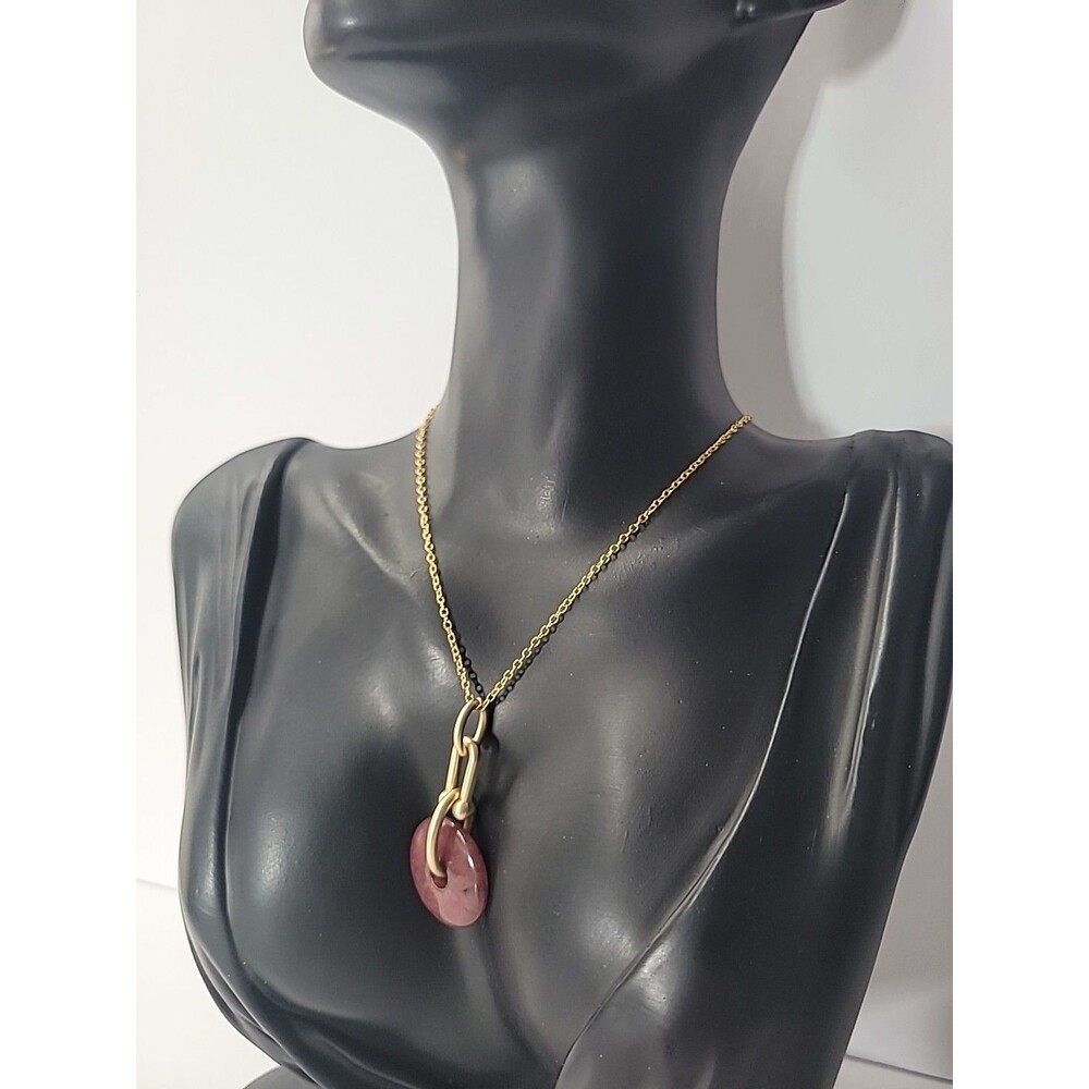 Gold Tone Pink Stone Donut Pendant Necklace Circle Pi Disc Minimalist Modern - Picture 3 of 11